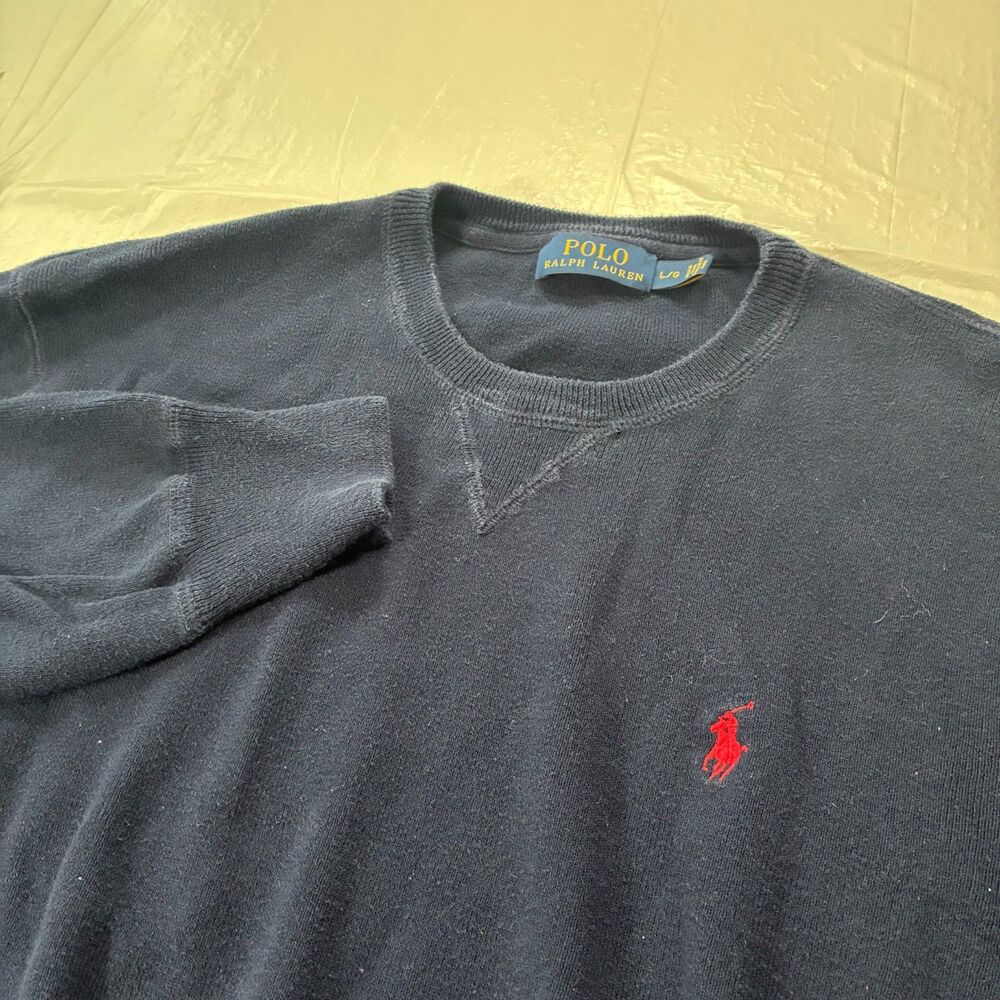 Polo Ralph Lauren Mens Sweater L Knitted Crewneck Navy Blue Cotton